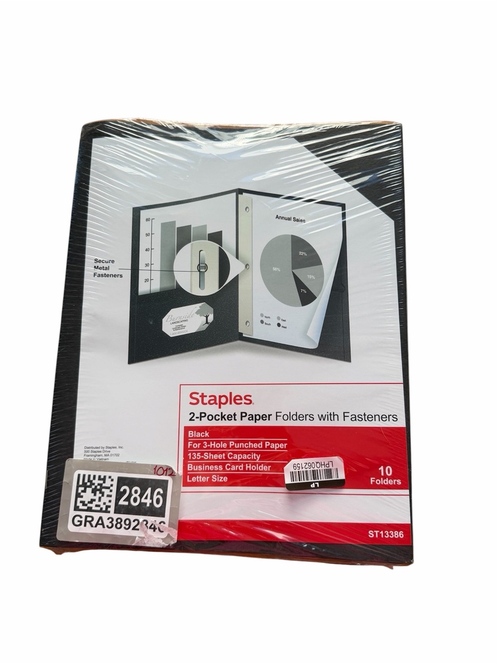 Staples 2-Pocket Folders with Fasteners, Black Letter Size, 10 Count Pack